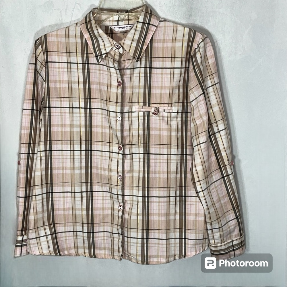 Allison Daley 
Pink‎ and brown/Shimmery Gold plaid long sleeve button down shirt